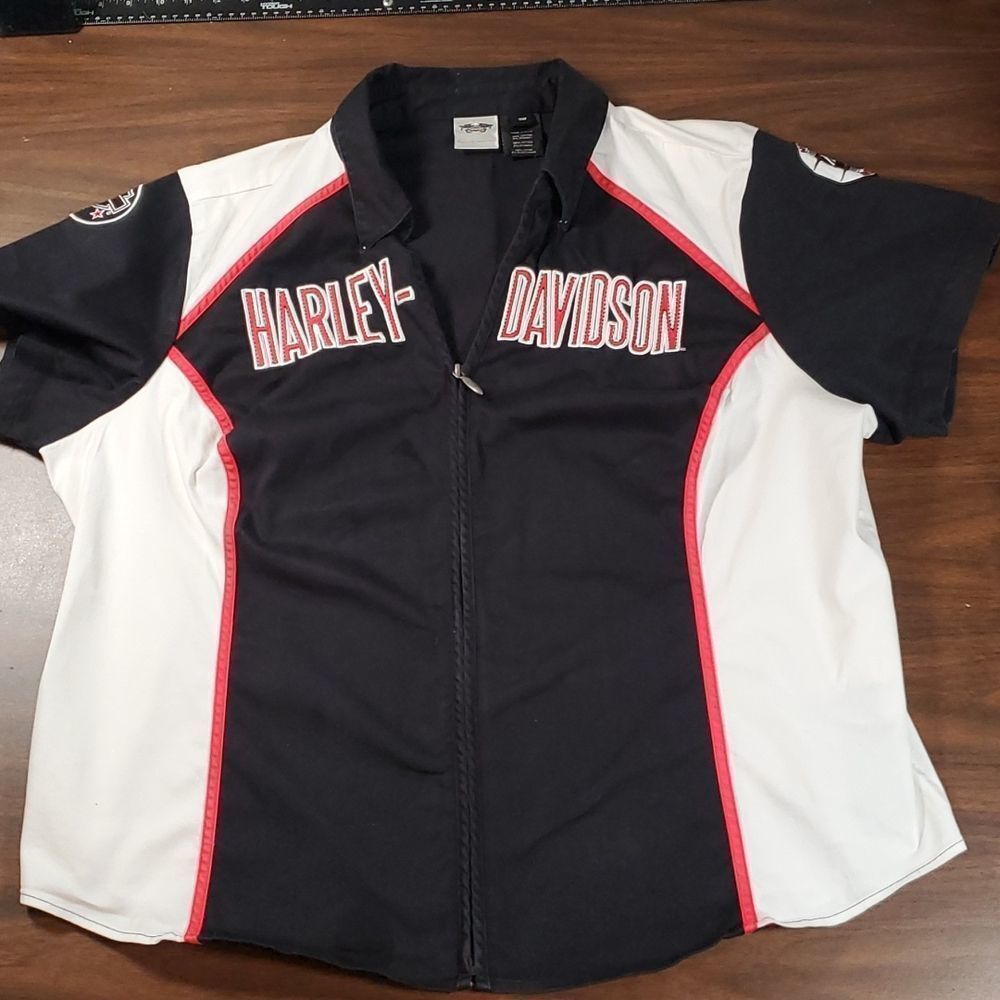 Harley Davidson‎ Motorcycle Embroidered Logo Patches Zip Up Shirt Y2K Size 3W